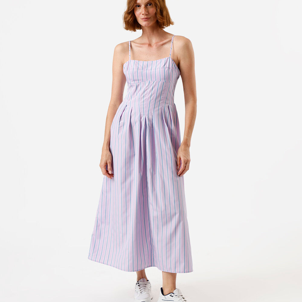 Vestido midi alça fina feminino com pregas listrado lilás Vestido midi alça fina feminino com pregas listrado lilás