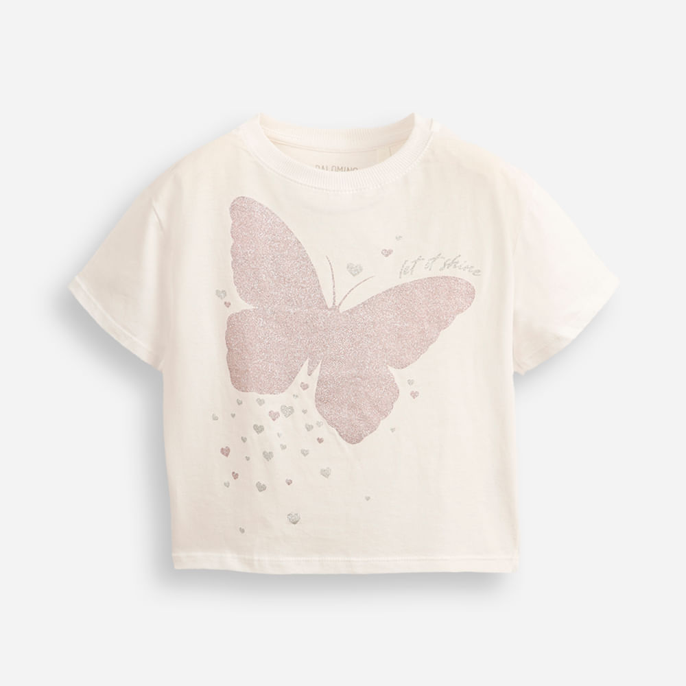 Camiseta infantil de algodão borboleta com glitter off white