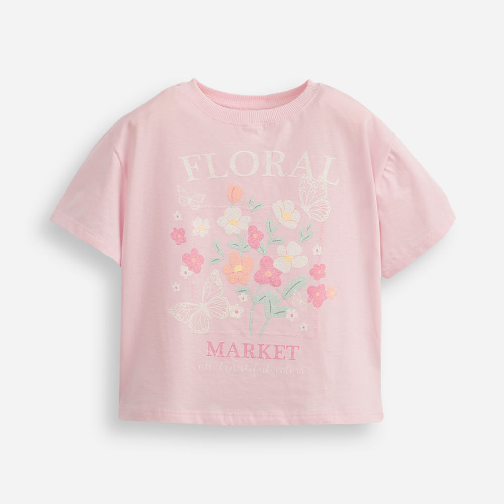 Camiseta infantil de algodão floral com glitter rosa