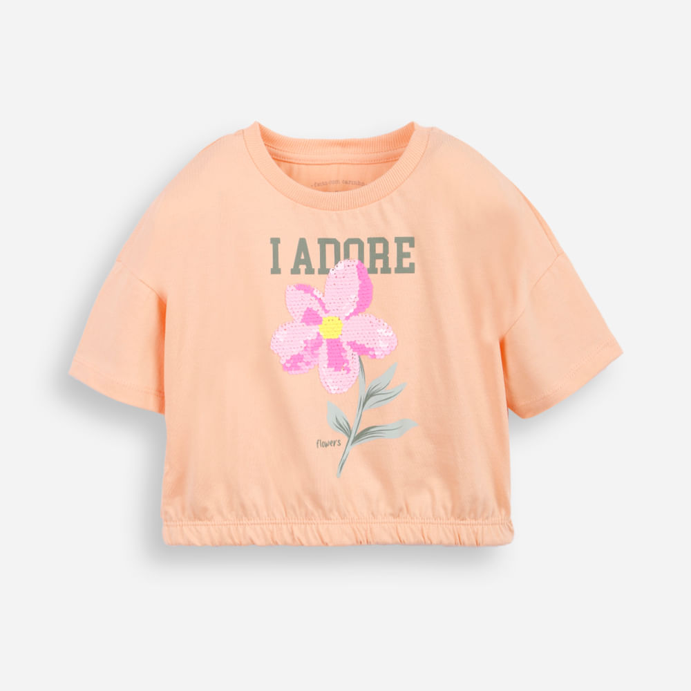 Camiseta infantil barra elástico com aplicação de paetê de flor laranja