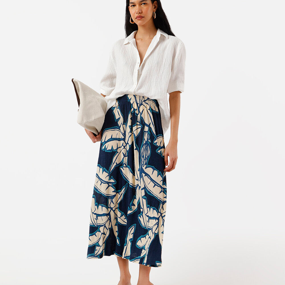 Saia midi feminina plissada folhagens azul Saia midi feminina plissada folhagens azul