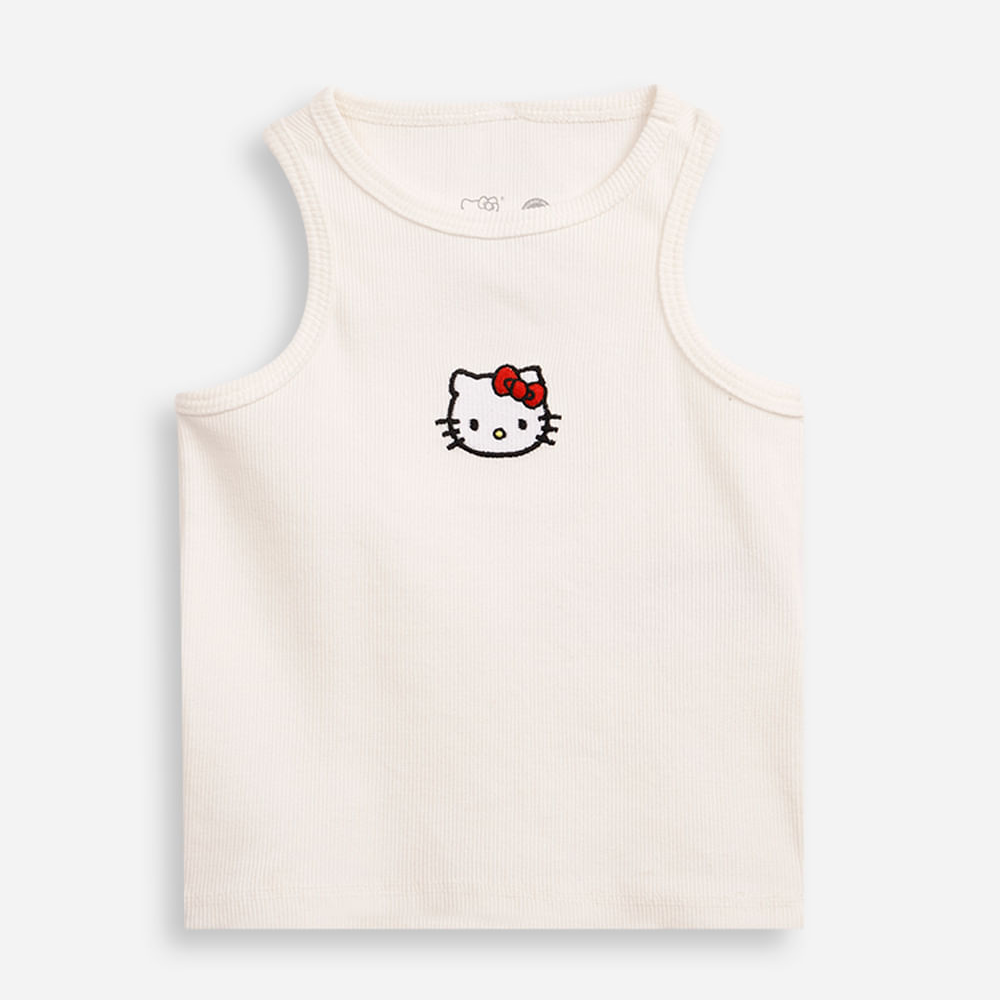 Regata infantil canelada hello kitty bordado off white Regata infantil canelada hello kitty bordado off white