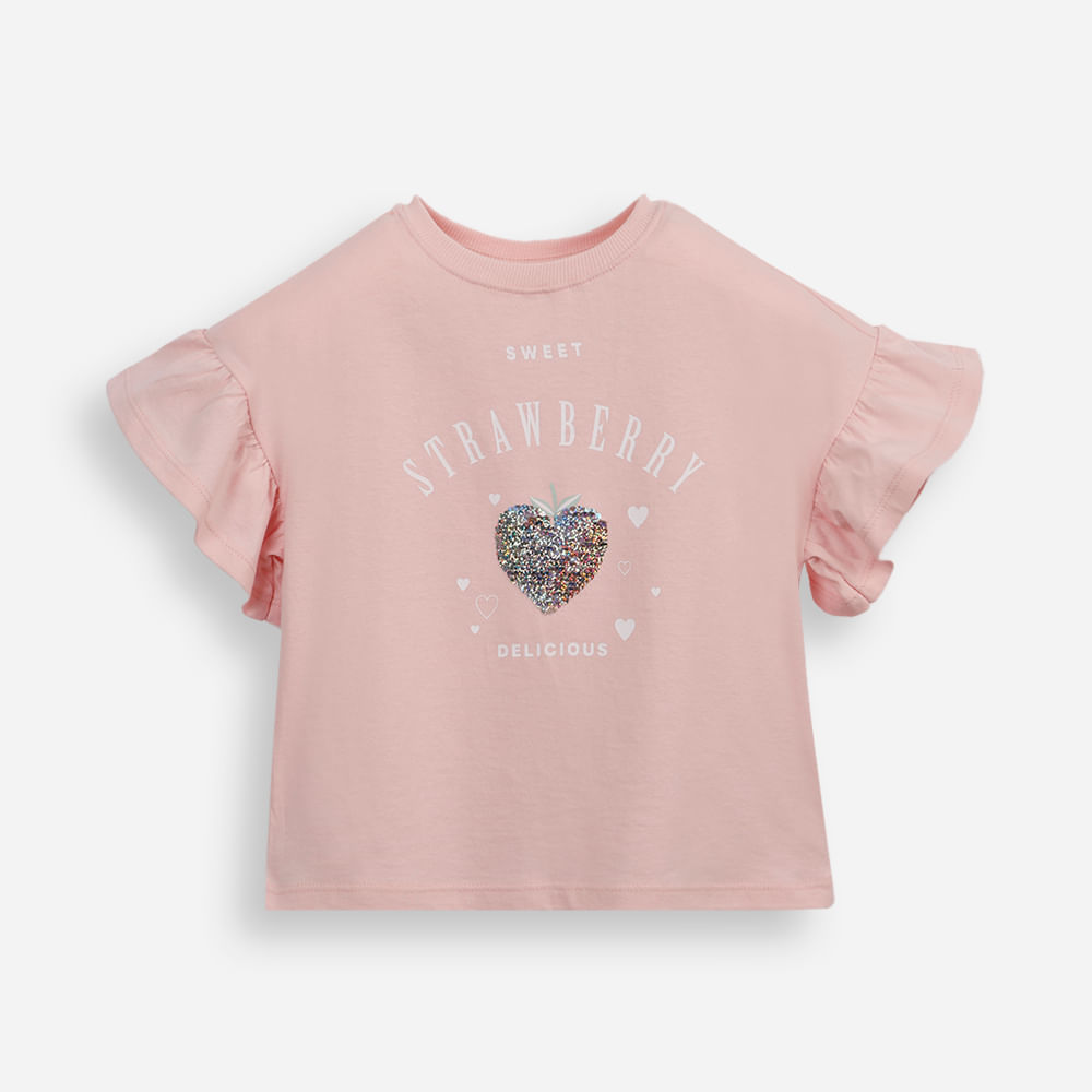 Camiseta infantil de algodão com paetê estampada rosa Camiseta infantil de algodão com paetê estampada rosa