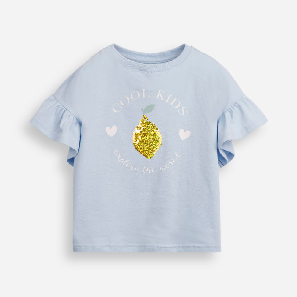 Camiseta de algodão infantil manga com babado e paetê azul Camiseta de algodão infantil manga com babado e paetê azul
