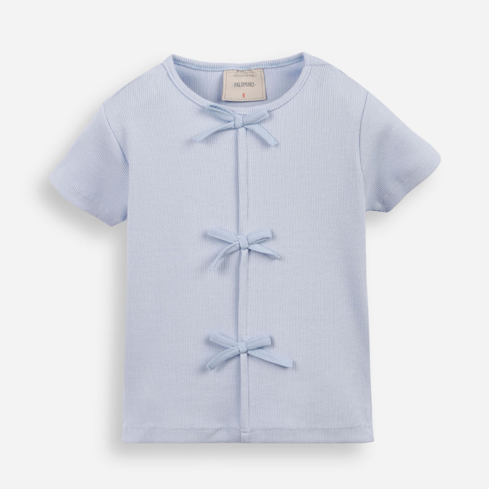 Blusa infantil de algodão com laços canelada - azul claro Blusa infantil de algodão com laços canelada - azul claro