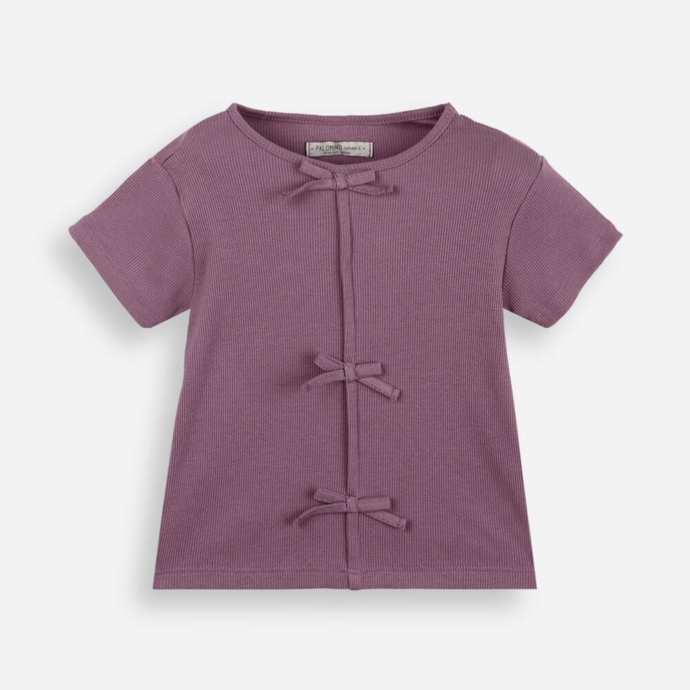 Blusa infantil de algodão com laços canelada roxo Blusa infantil de algodão com laços canelada roxo