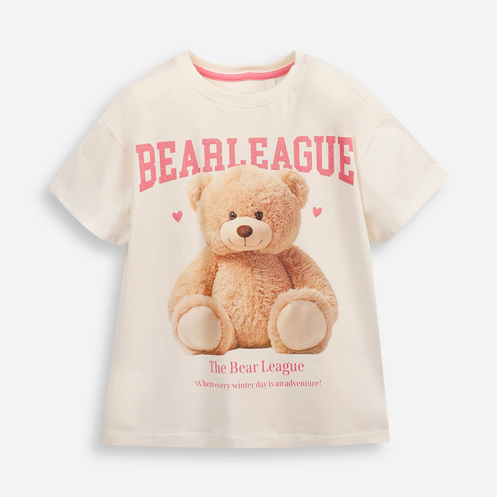 Camiseta de algodão infantil manga curta ursinho off white