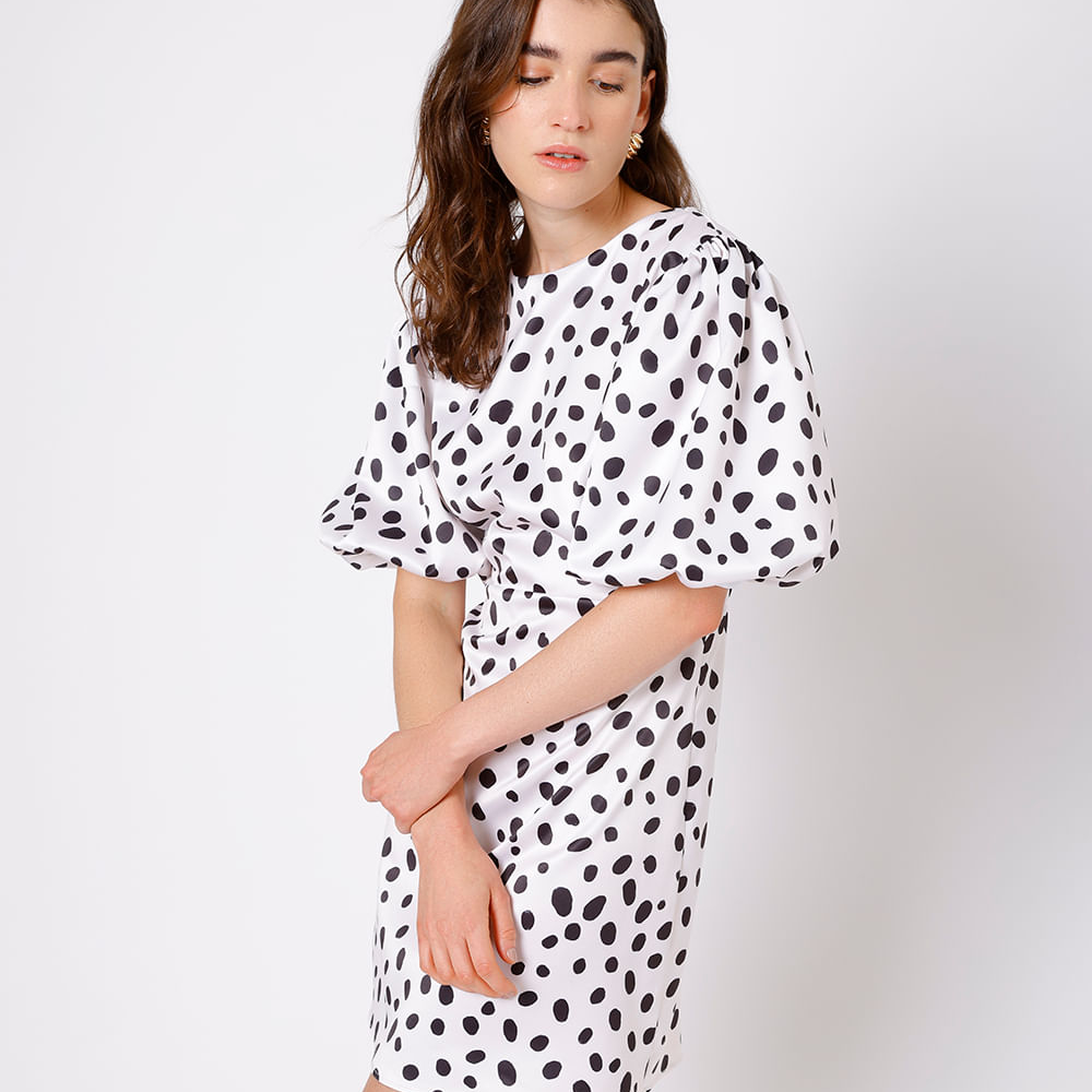 Vestido curto feminino acetinado manga bufante poá mindset off white