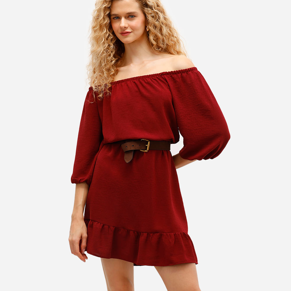 Vestido curto feminino texturizado manga bufante vinho Vestido curto feminino texturizado manga bufante vinho