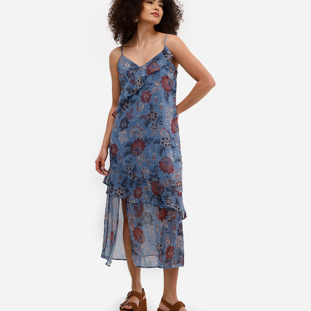 Vestido midi feminino chiffon alça fina com babados floral azul Vestido midi feminino chiffon alça fina com babados floral azul