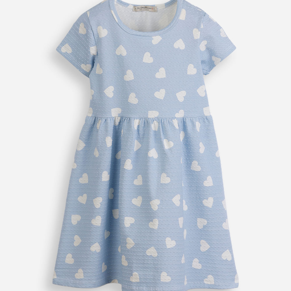 Vestido infantil malha corações texturizado azul
