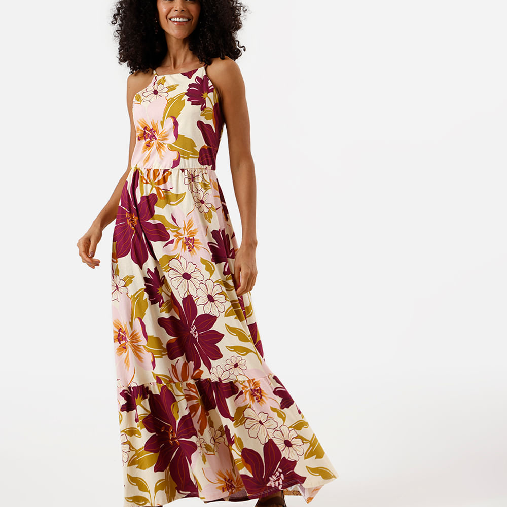 Vestido longo alça fina feminino de algodão com recorte floral colorido Vestido longo alça fina feminino de algodão com recorte floral colorido