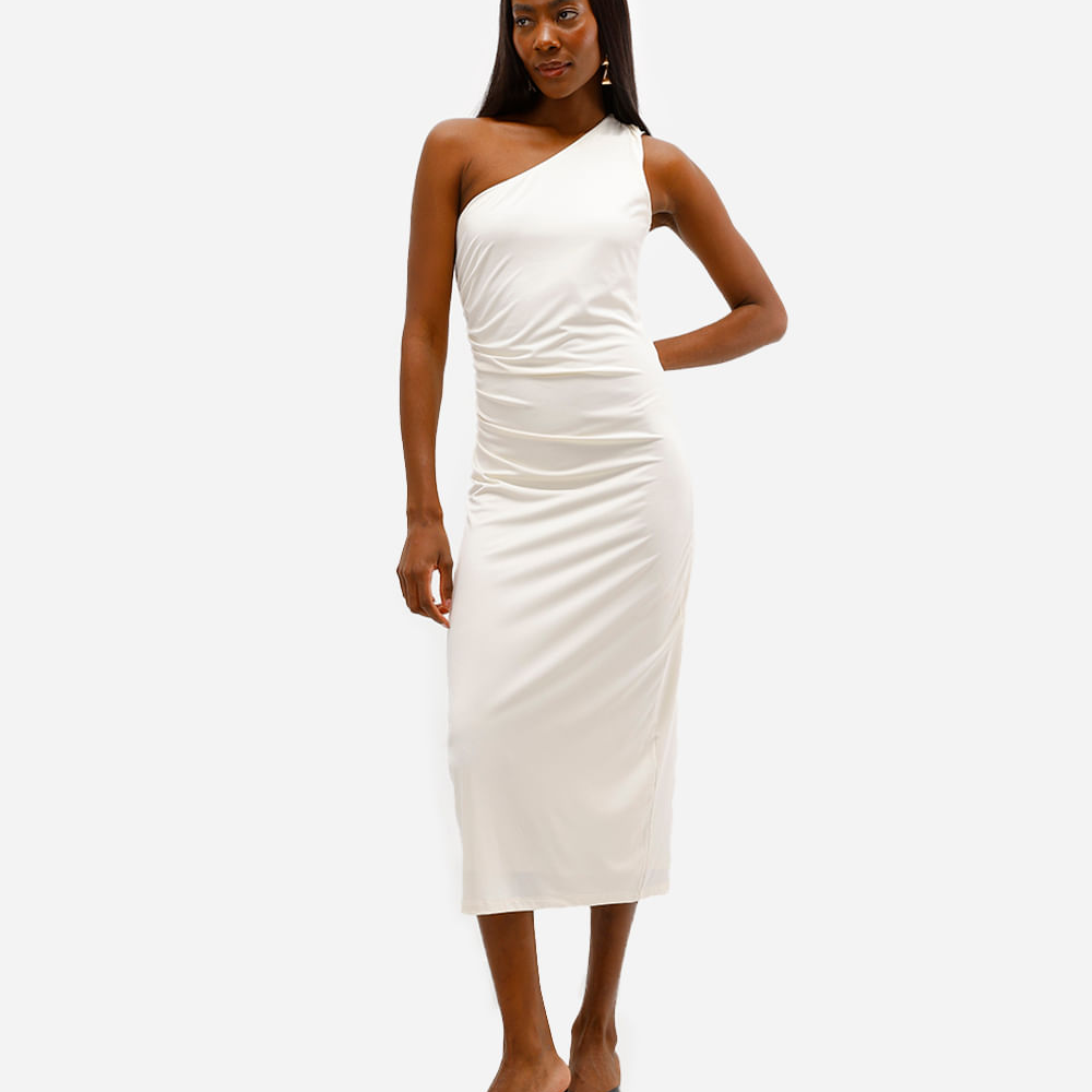 Vestido ombro único feminino franzido off white Vestido ombro único feminino franzido off white