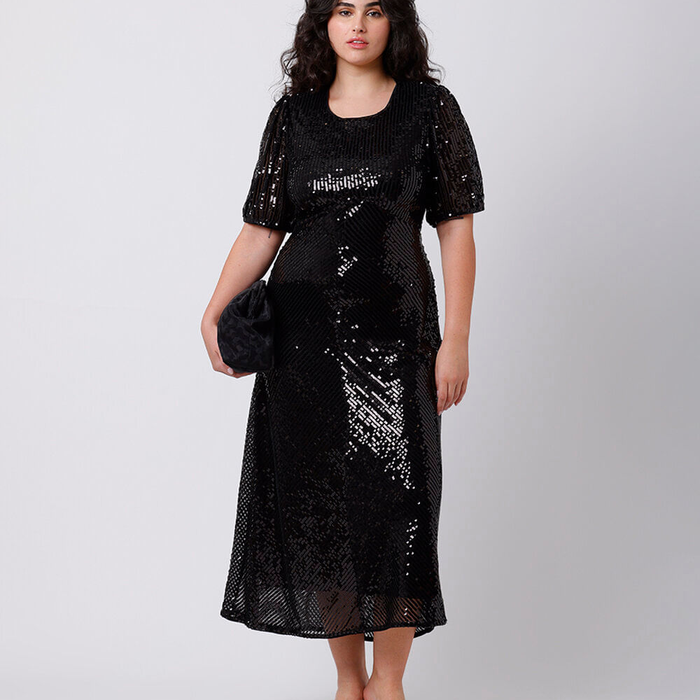 Vestido midi feminino de paetê com amarração mindset plus size preto Vestido midi feminino de paetê com amarração mindset plus size preto