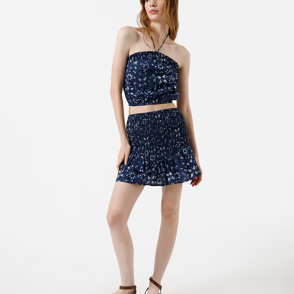 Saia curta feminina de algodão franzida floral azul Saia curta feminina de algodão franzida floral azul