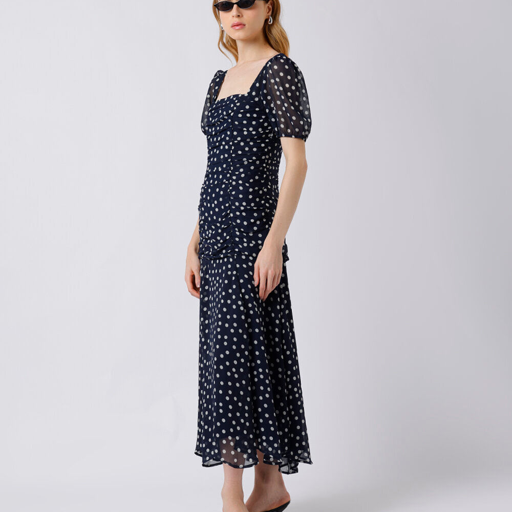 Vestido midi feminino manga bufante franzido poá mindset azul Vestido midi feminino manga bufante franzido poá mindset azul