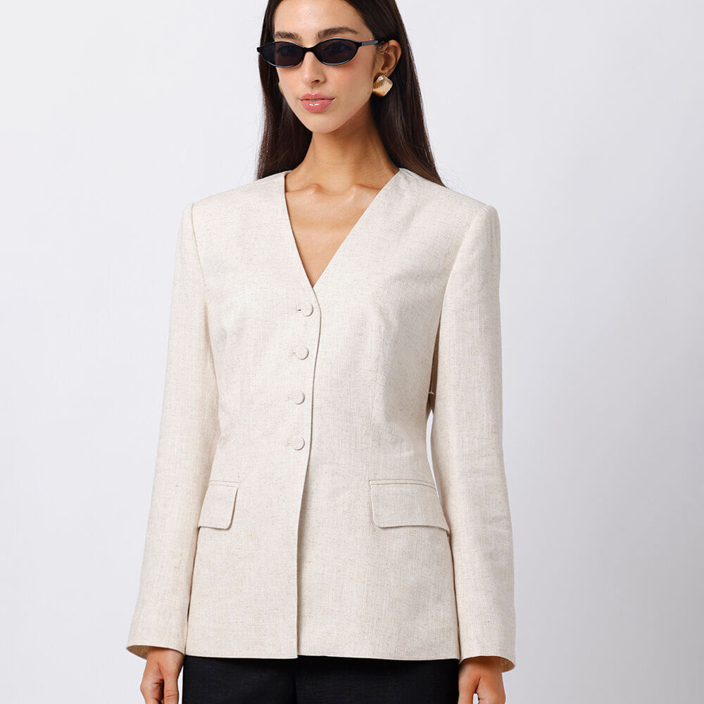 Blazer de alfaiataria feminino com linho mindset bege Blazer de alfaiataria feminino com linho mindset bege