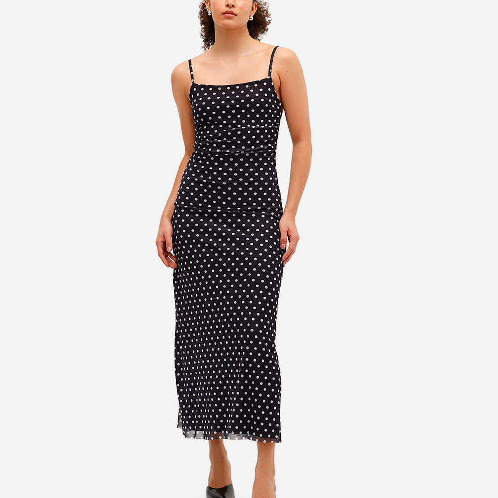 Vestido longo feminino de tule franzido poá preto Vestido longo feminino de tule franzido poá preto