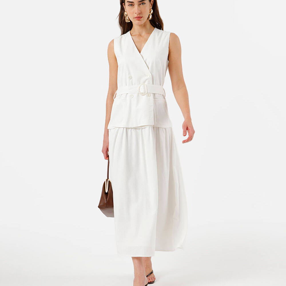 Vestido midi feminino com linho decote v off white Vestido midi feminino com linho decote v off white