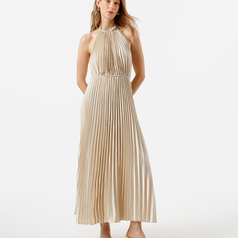 Vestido longo feminino halterneck plissado acetinado bege