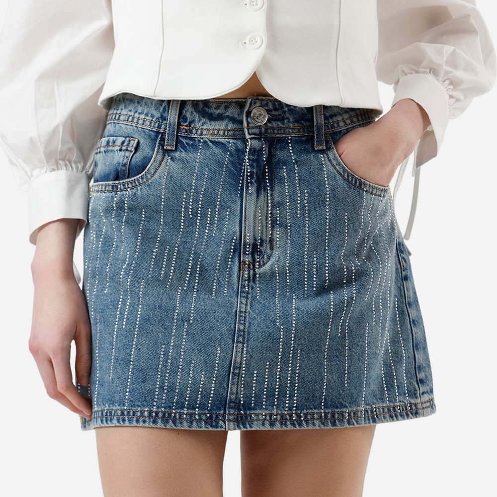 Saia curta feminina jeans com brilhos - jeans medio Saia curta feminina jeans com brilhos - jeans medio