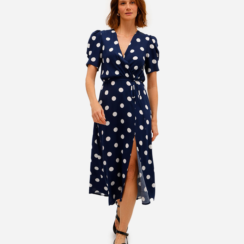 Vestido midi feminino de viscose poá azul Vestido midi feminino de viscose poá azul