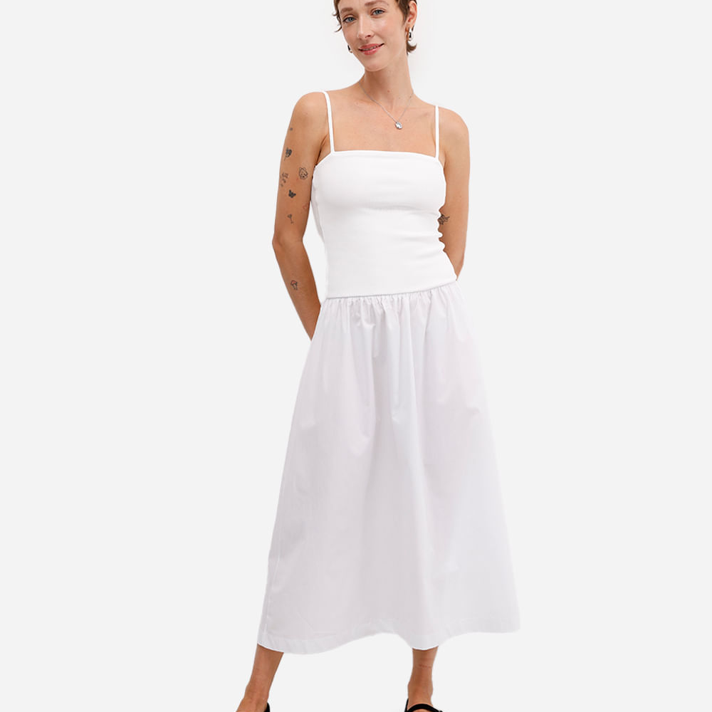 Vestido midi feminino de algodão alça fina off white Vestido midi feminino de algodão alça fina off white
