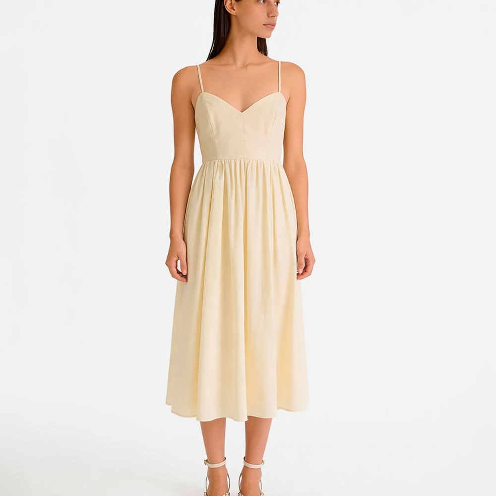 Vestido midi feminino com algodão alça fina decote coração amarelo Vestido midi feminino com algodão alça fina decote coração amarelo
