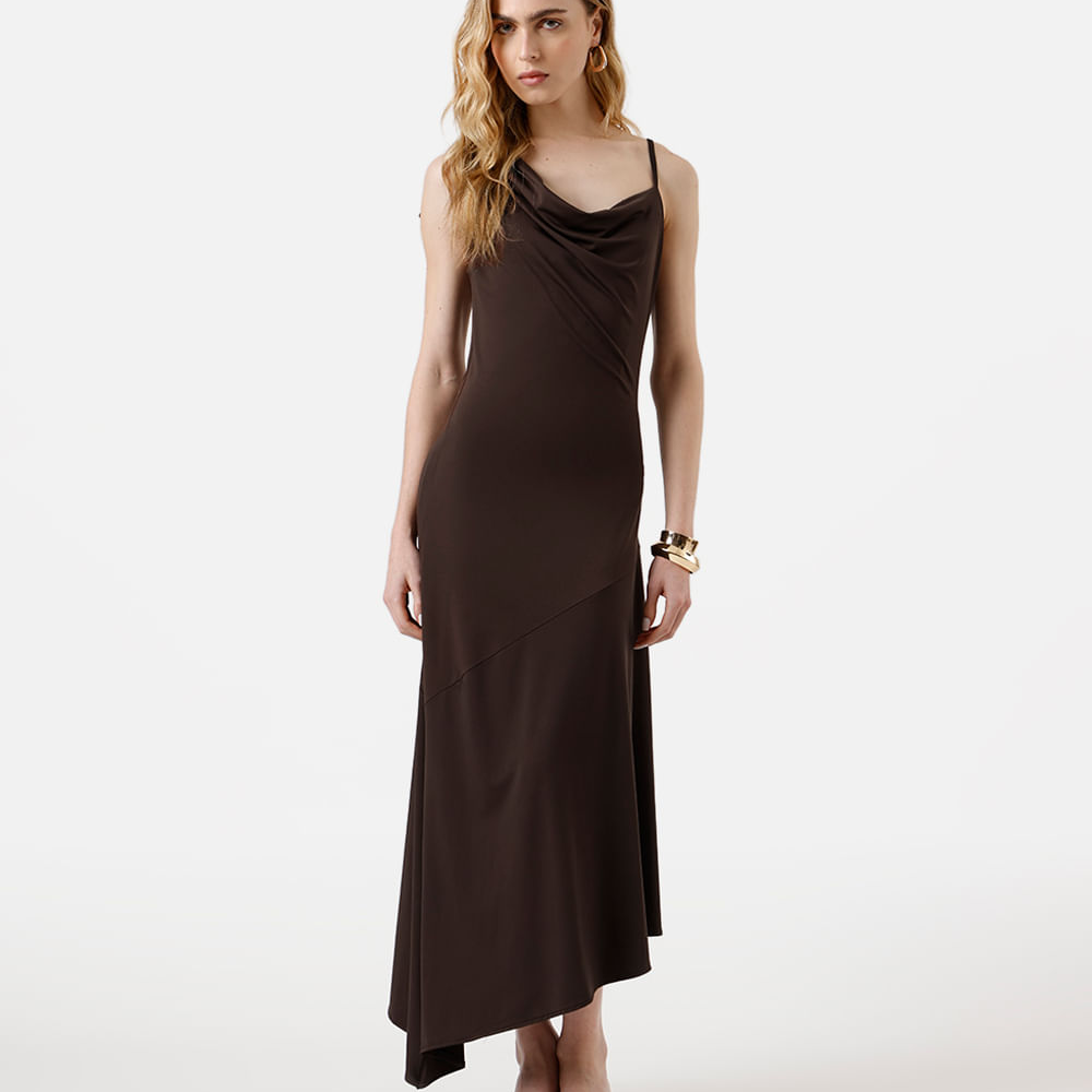 Vestido midi feminino decote degagê assimétrico marrom Vestido midi feminino decote degagê assimétrico marrom