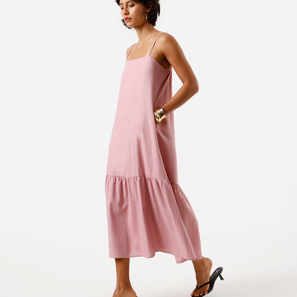 Vestido midi feminino alça fina com linho e recorte rosa Vestido midi feminino alça fina com linho e recorte rosa