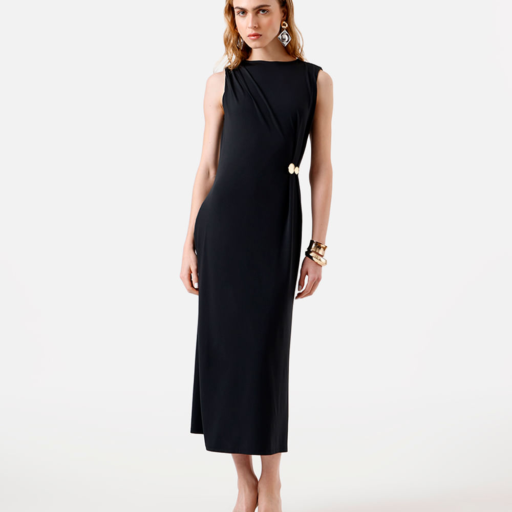 Vestido longo feminino com pregas e fenda preto Vestido longo feminino com pregas e fenda preto