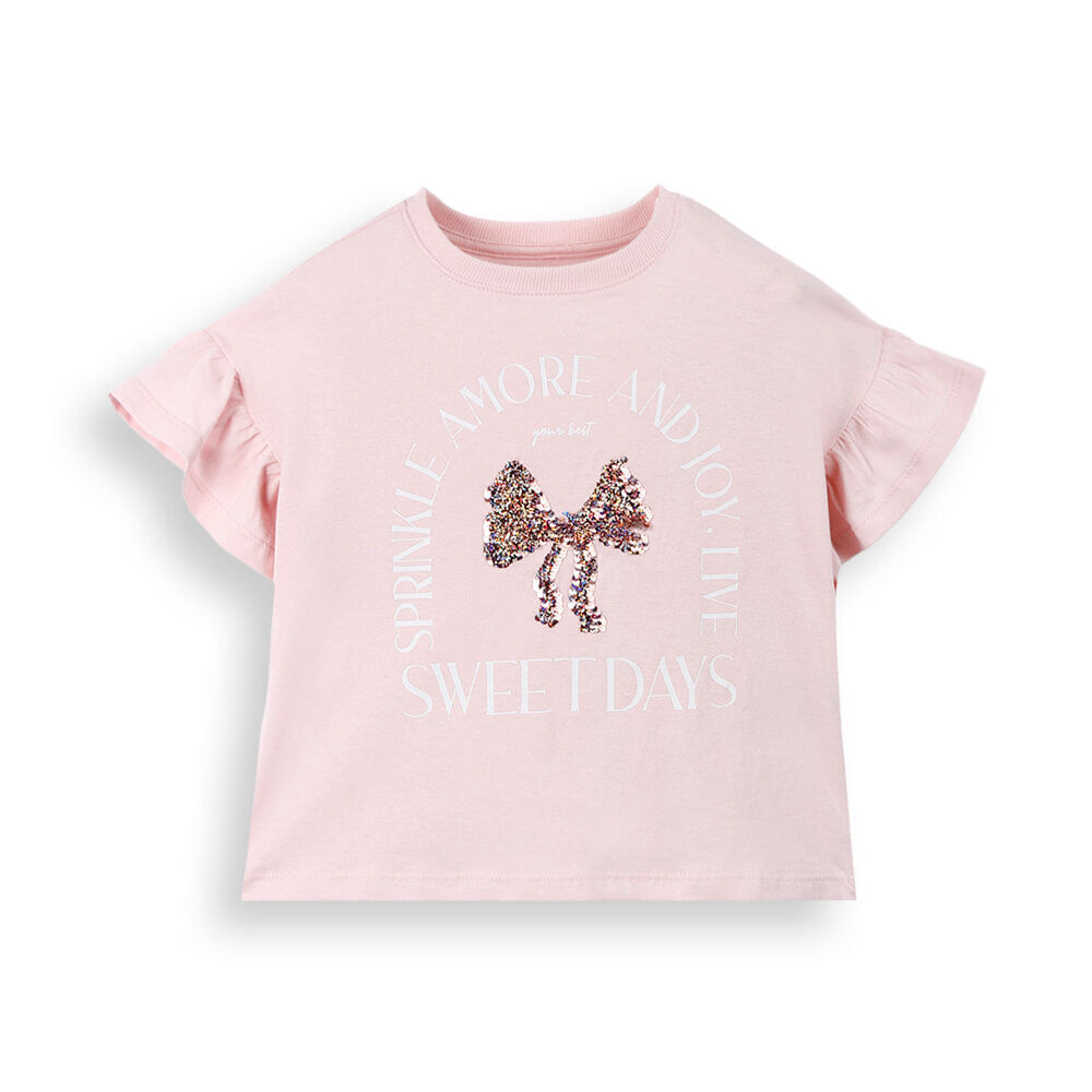 Blusa infantil de algodão com laço de paetê e babados rosa Blusa infantil de algodão com laço de paetê e babados rosa