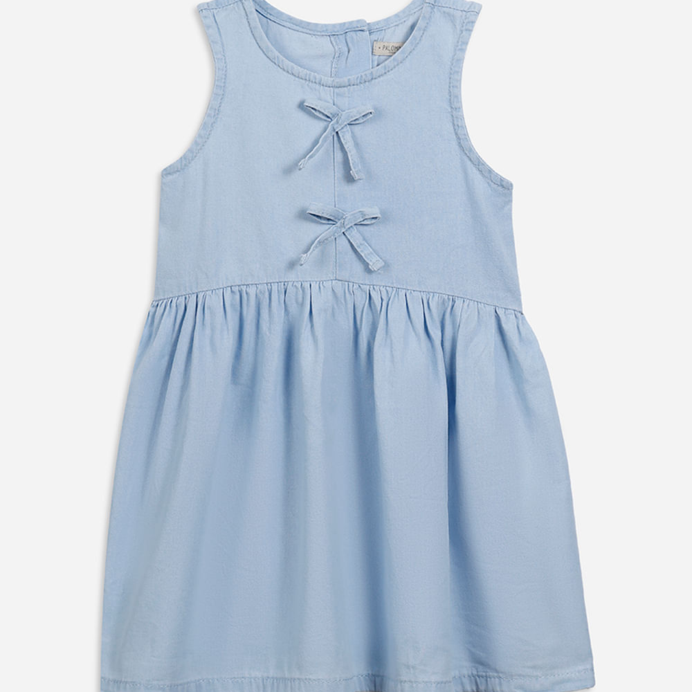 Vestido infantil jeans com laços azul Vestido infantil jeans com laços azul