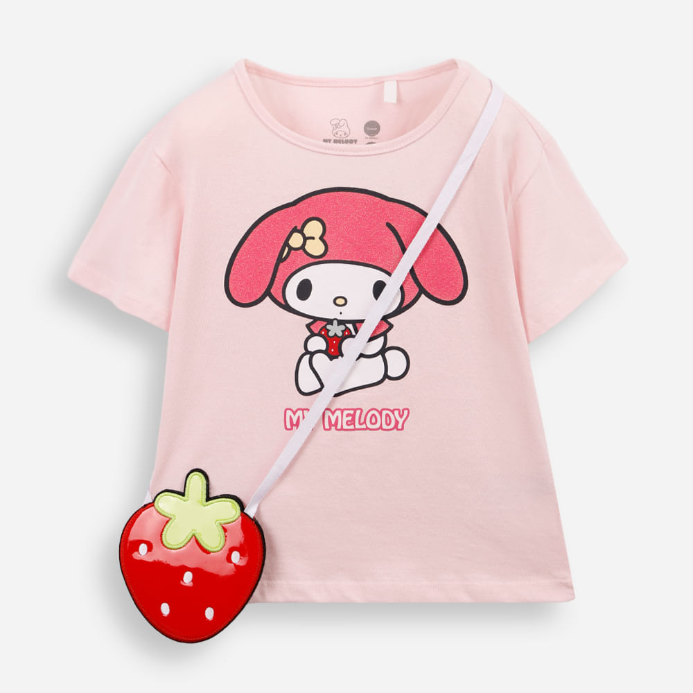 Camiseta infantil de algodão my melody hello kitty com bolsa rosa Camiseta infantil de algodão my melody hello kitty com bolsa rosa