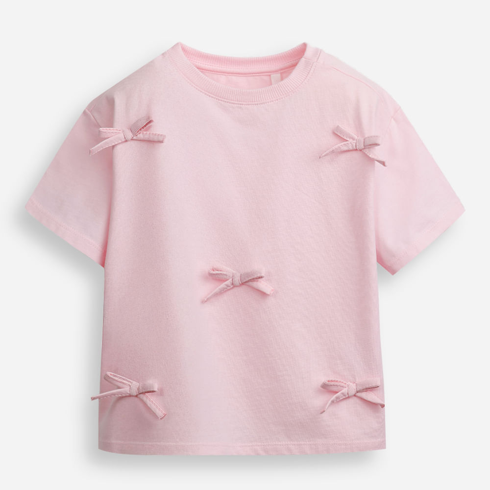 Camiseta infantil de algodão com laços rosa Camiseta infantil de algodão com laços rosa