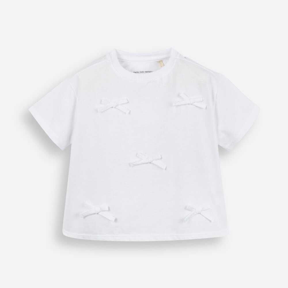 Camiseta infantil de algodão com laços off white Camiseta infantil de algodão com laços off white