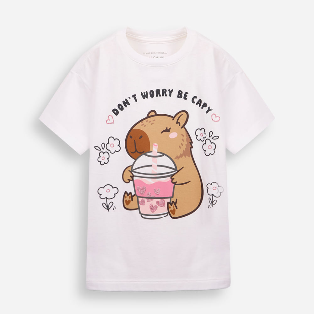 Camiseta infantil de algodão capivara com glitter off white Camiseta infantil de algodão capivara com glitter off white