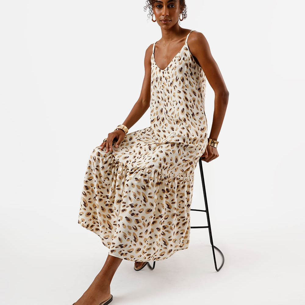 Vestido midi de viscose alça fina com recorte animal print bege Vestido midi de viscose alça fina com recorte animal print bege