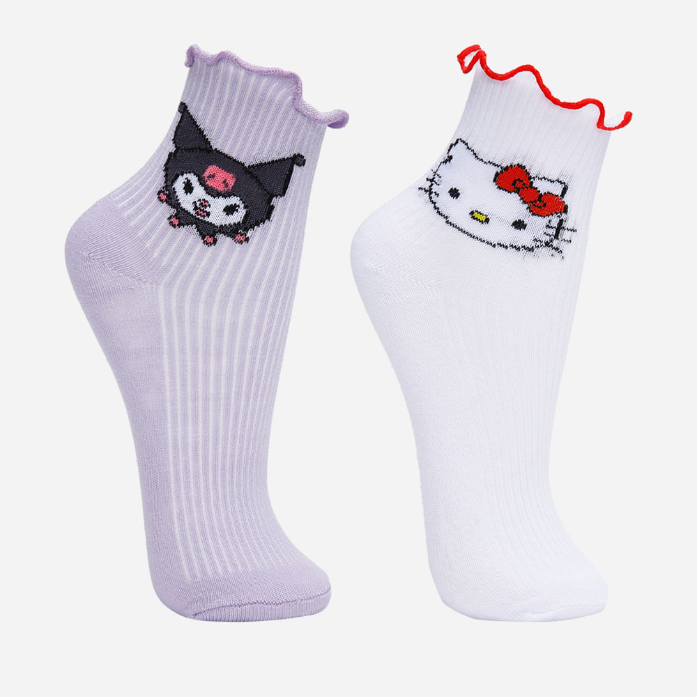 Kit 2 meias infantis hello kitty kuromi colorido