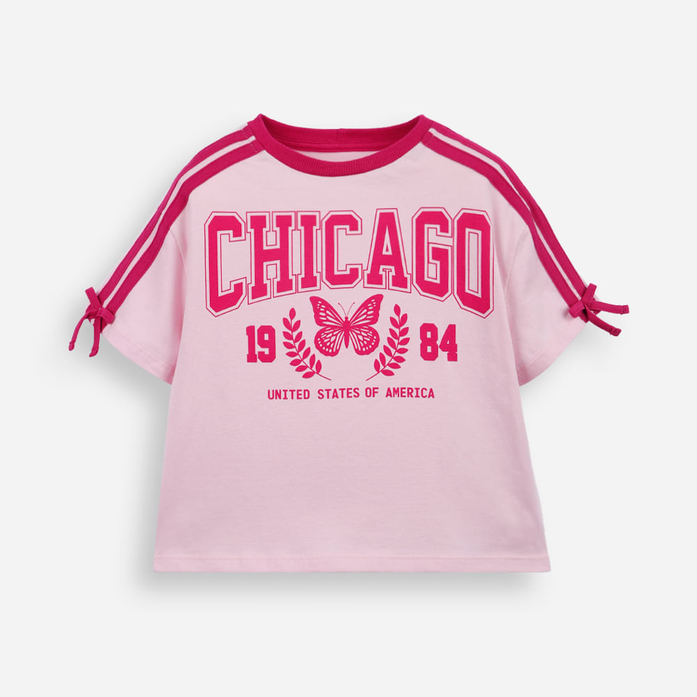 Camiseta infantil de algodão estampada com laço rosa Camiseta infantil de algodão estampada com laço rosa