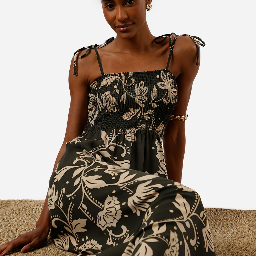 Vestido midi feminino de viscose com lastex floral verde Vestido midi feminino de viscose com lastex floral verde