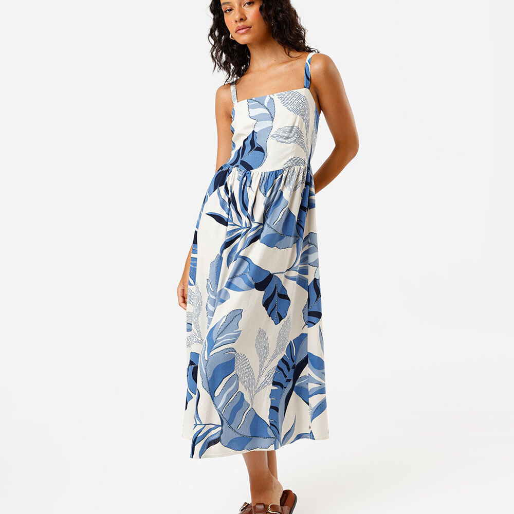 Vestido midi feminino com linho folhagem azul Vestido midi feminino com linho folhagem azul
