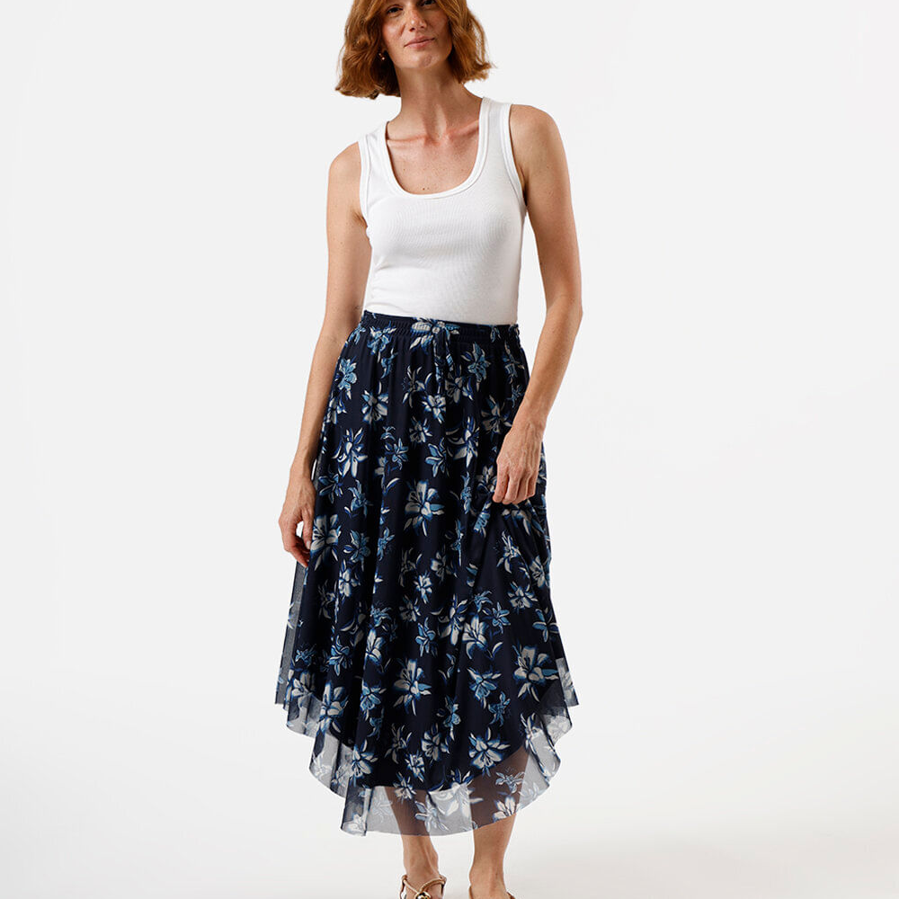 Saia midi feminina de tule floral azul Saia midi feminina de tule floral azul