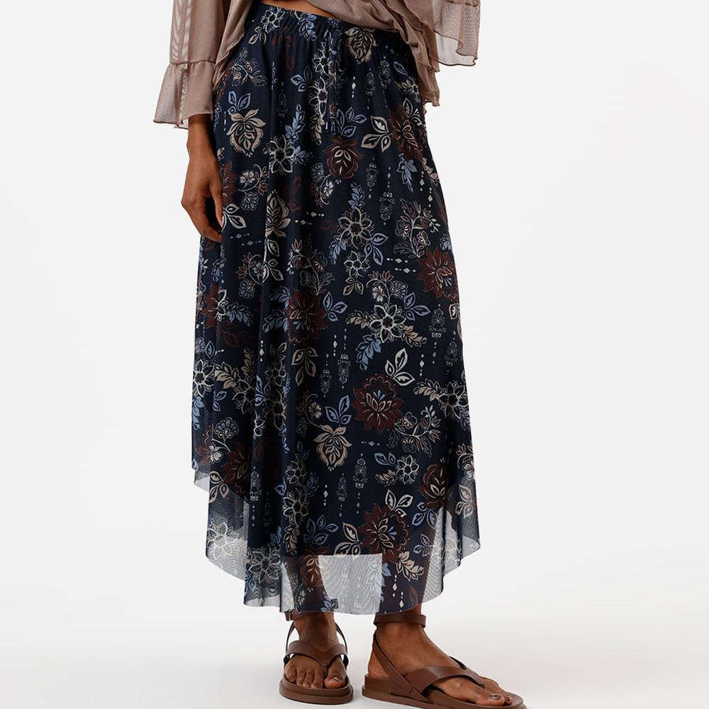 Saia midi feminina de tule cós elástico floral azul Saia midi feminina de tule cós elástico floral azul