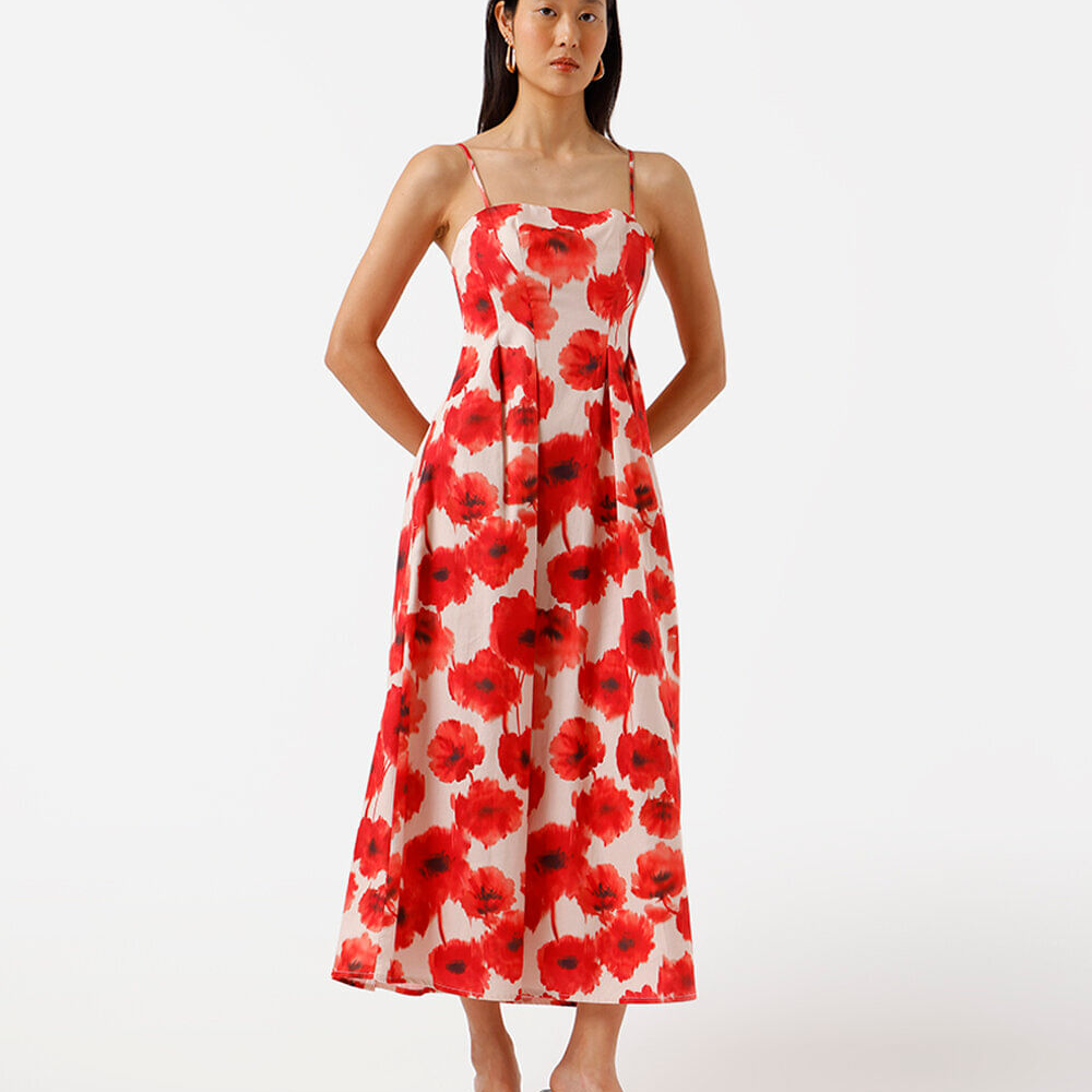 Vestido midi alça fina feminino de algodão com pregas floral colorido Vestido midi alça fina feminino de algodão com pregas floral colorido