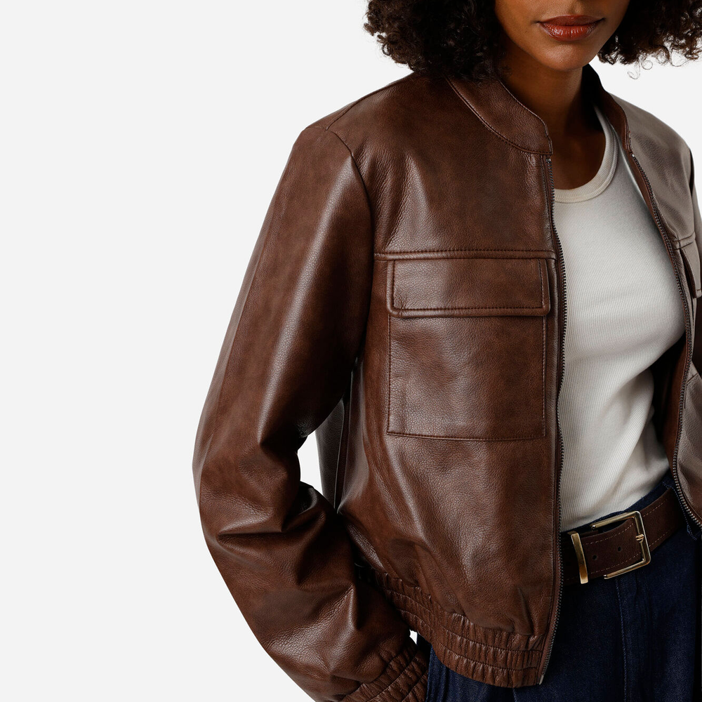 Jaqueta bomber feminina de pu com bolsos marrom Jaqueta bomber feminina de pu com bolsos marrom