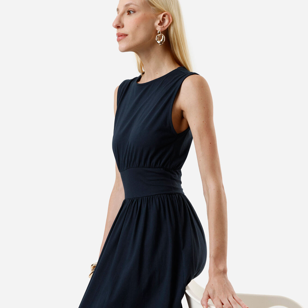 Vestido midi feminino de algodão decote redondo azul Vestido midi feminino de algodão decote redondo azul