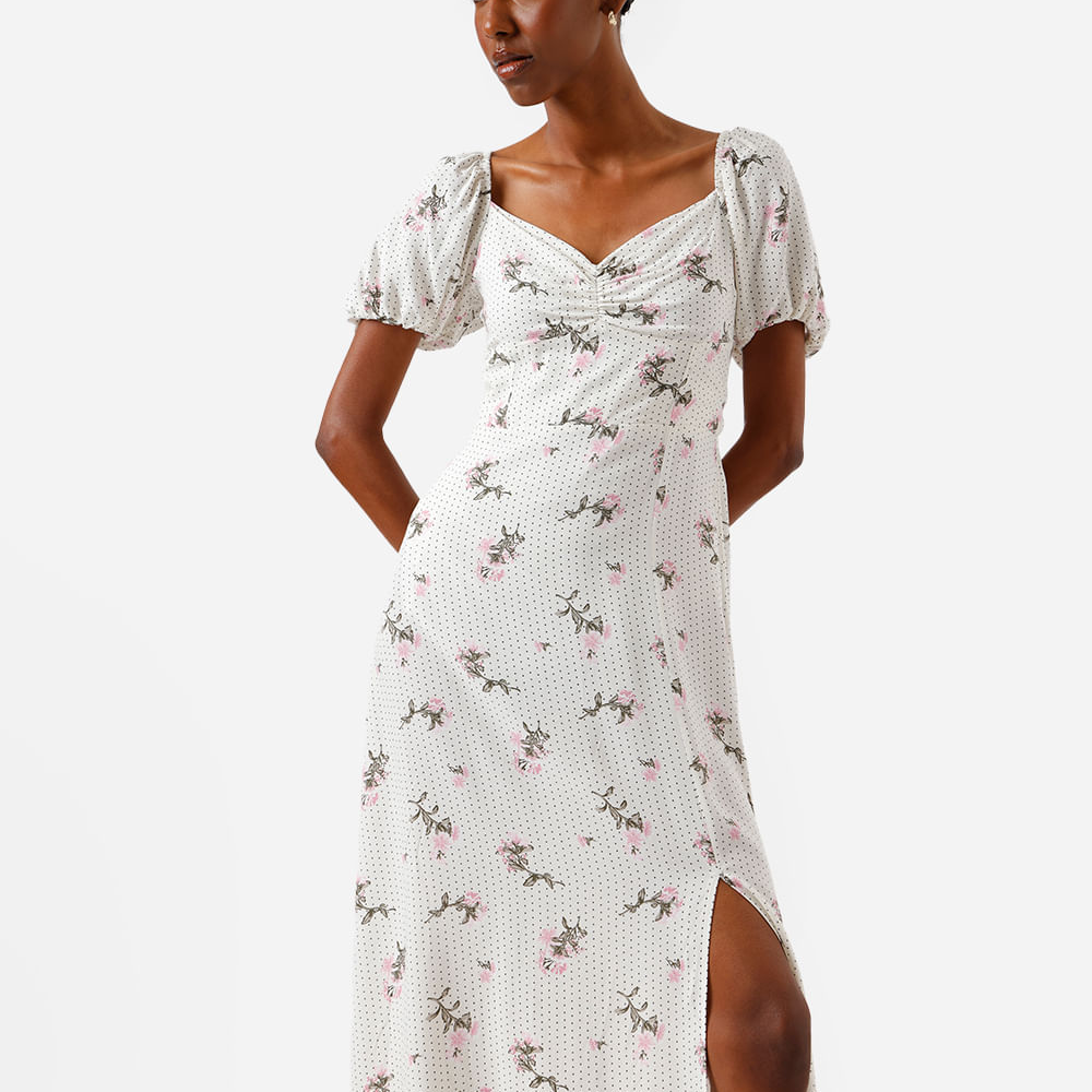 Vestido midi feminino de viscose com fenda poá e floral off white Vestido midi feminino de viscose com fenda poá e floral off white