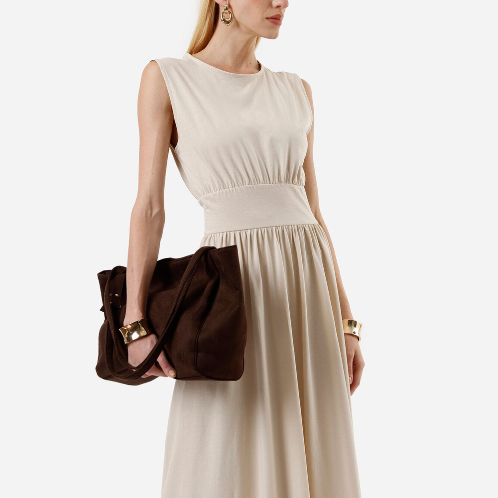 Vestido midi feminino de algodão decote redondo bege Vestido midi feminino de algodão decote redondo bege