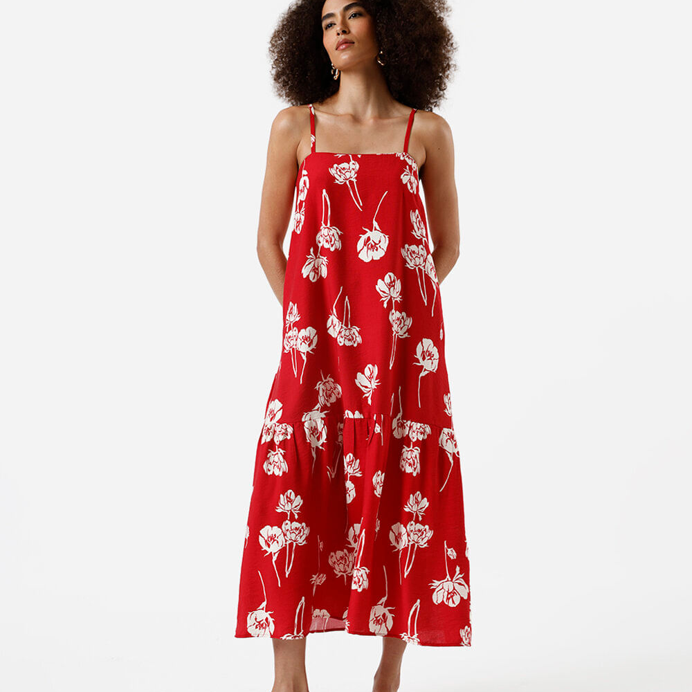 Vestido midi feminino de viscose floral vermelho Vestido midi feminino de viscose floral vermelho